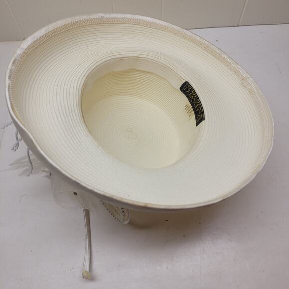 Vintage Donna Vinci White Ramie Hat Rhinestone Loops Feathers Church Derby - Picture 6 of 11